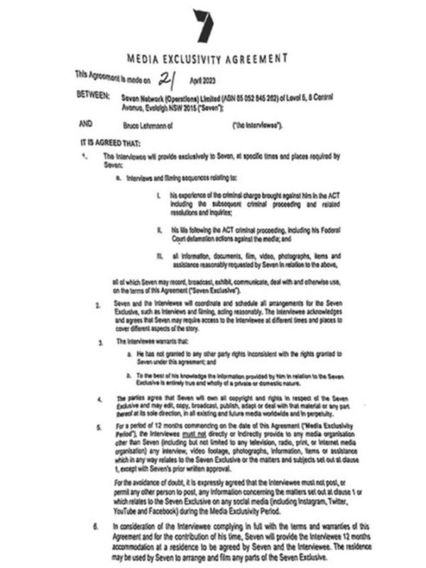 Assignment Freelance Picture A copy of Bruce Lehrmann's agreement with Channel 7. Picture: Supplied.