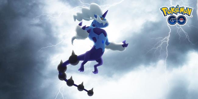 Thundurus Therian Forme flying in a cloudy sky with several lightning bolts