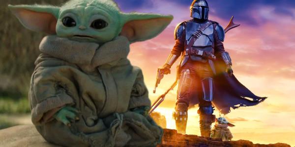 Din Djarin and Grogu in a promotio<em></em>nal image for The Mandalorian next to Grogu sitting on a rock