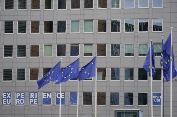 European Unio<em></em>n flags flap in the wind in the EU Quarter of Brussels, Wednesday, Sept. 20, 2023. The European Quarter is the headquarters of the main buildings of the European Unio<em></em>n, inluding the European Parliament. (AP Photo/Virginia Mayo)