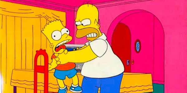 A younger Homer with hair strangling Bart in The Simpsons