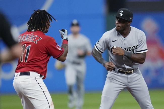 The Guardians' Jose Ramírez and the Chicago White Sox’s Tim Anderson, right, square off during the sixth inning Saturday, Aug. 5, 2023, in Cleveland. (Sue Ogrocki / ASSOCIATED PRESS)