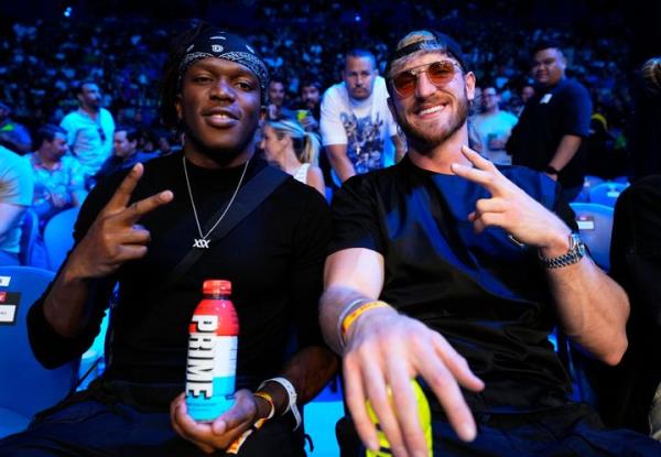 PERTH, AUSTRALIA - FEBRUARY 12: (L-R) KSI and Logan Paul pose for a photo during the UFC 284 event at RAC Arena on February 12, 2023 in Perth, Australia. (Photo by Chris Unger/Zuffa LLC via Getty Images)