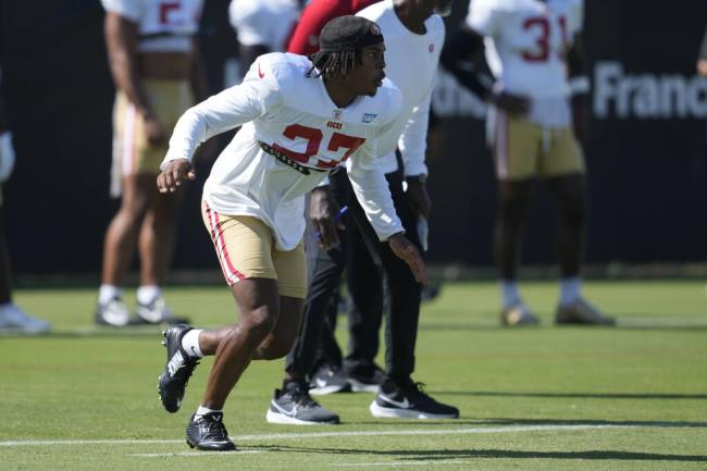 San Francisco 49ers' Ji'Ayir Brown takes part in drills during the NFL team's football training camp in Santa Clara, Calif., Tuesday, Aug. 1, 2023. (AP Photo/Jeff Chiu)