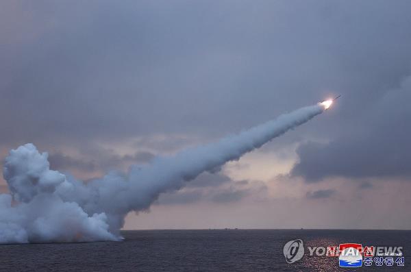 This photo, carried by North Korea's official Korean Central News Agency on Jan. 29, 2024, shows the North's firing of submarine-launched cruise missiles the previous day. (For Use o<em></em>nly in the Republic of Korea. No Redistribution) (Yonhap)