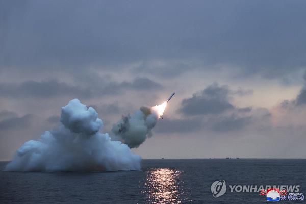 This photo, carried by North Korea's official Korean Central News Agency on Jan. 29, 2024, shows the North's firing of submarine-launched cruise missiles the previous day. (For Use o<em></em>nly in the Republic of Korea. No Redistribution) (Yonhap)