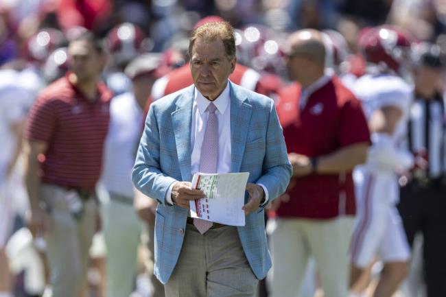 Alabama head coach Nick Saban paces as his team warms up before a scrimmage, Saturday, April 22, 2023, in Tuscaloosa. (Vasha Hunt / ASSOCIATED PRESS)