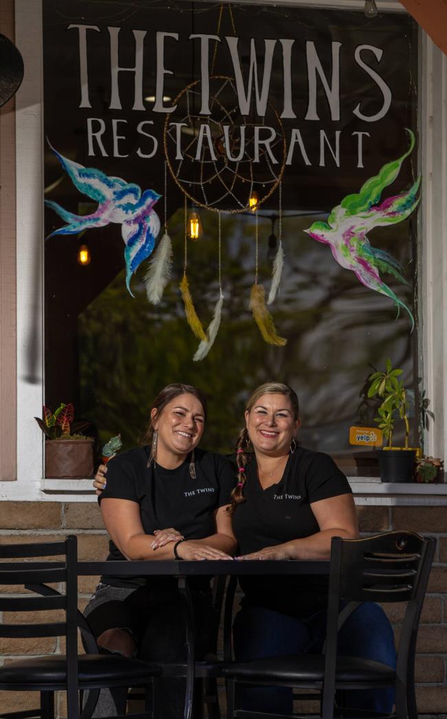 Identical twins Adrienne Albright, left and Julie Bacho, right, own “The Twins Restaurant” in Cotati.  Friday June 23, 2023.  (Chad Surmick / The Press Democrat)