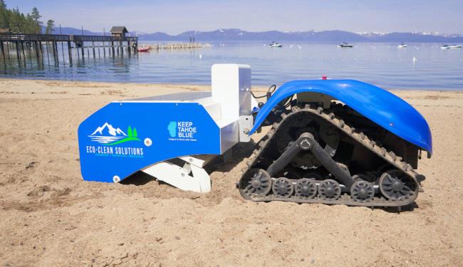 BeBot, short for “beach robot,” a solar- and battery-powered beach-cleaning device the size of a riding lawn mower, cleans the sands of Kings Beach on Lake Tahoe (keeptahoeblue.org)