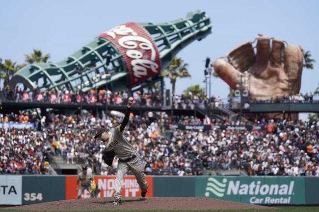 San Diego Padres pitcher Blake Snell works against the Giants during a June 22 game in San Francisco. The teams have been rare trade partners, but Snell might be a Giants target this summer. (Jeff Chiu / ASSOCIATED PRESS)