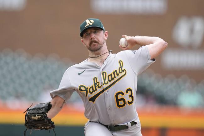 Oakland Athletics starting pitcher Hogan Harris throws during the first inning of a ba<em></em>seball game against the Detroit Tigers, Thursday, July 6, 2023, in Detroit. (AP Photo/Carlos Osorio)